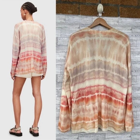 Allsaints Marea Tie Dye Cardigan Sweater Merino Wool Rainbow Pink Cream New M - Picture 3 of 16